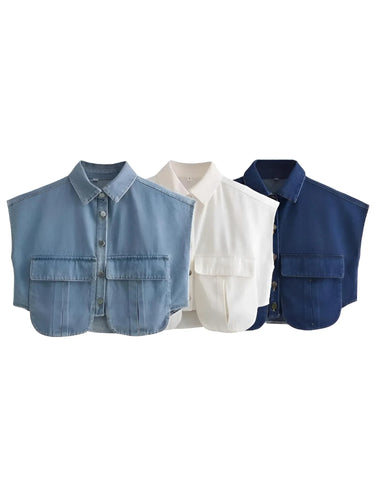 Women's Double Pocket Sleeveless Denim Crop Top Vintage Chic Tops, Drestiny, Crop Tops, Casual Shirts, Tank Tops, Sleeveless, S, M, L, Light Blue, White, Dark Blue, United States, USA, Canada, Australia, New Zealand, United Kingdom, UK, denim crop top, sleeveless denim vest, utility vest crop top, y2k denim top, shopdrestiny.com